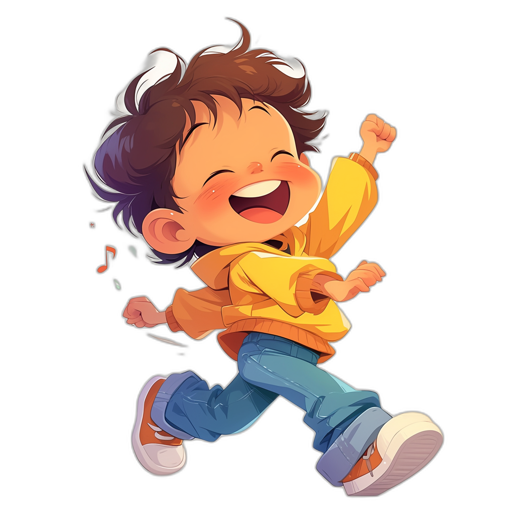 A cute little boy with brown hair, wearing jeans and an orange shirt laughing while jumping in the air on a black background, in the style of vector art, simple design, colorful cartoon illustration, chibi character design, full body, high resolution, 2D game art, high contrast shading, anime-inspired characters, cartoon mis-en-scene.