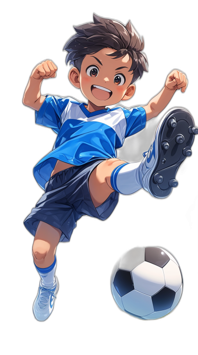 The character Inazuma from inazumam is nestled among characters. He is wearing a blue and white football uniform with black shorts, his right foot kicking a soccer ball. He has dark hair and brown eyes, his expression looks happy and excited about playing football. The background color is pure black, in the style of anime.