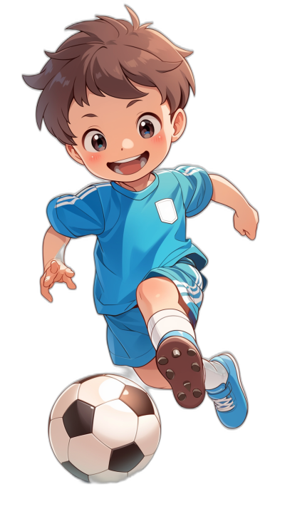 A cute boy in a blue soccer uniform and shoes is kicking a ball, smiling with brown hair. It is a full body character design in the style of anime on a black background.