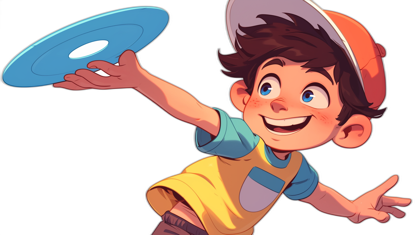 A cartoon character boy is smiling and throwing a blue frisbee, with short brown hair in an orange cap and yellow T-shirt on a black background. The illustration style should be bright and colorful, suitable for children’s book illustrations or animation characters. He has his right hand outstretched to throw the frisbee disc while wearing a white collar of a dark green shirt underneath it. His left arm faces upwards, holding onto one edge of the frisbee, in the style of [Raina Telgemeier](https://goo.gl/search?artist%20Raina%20Telgemeier).