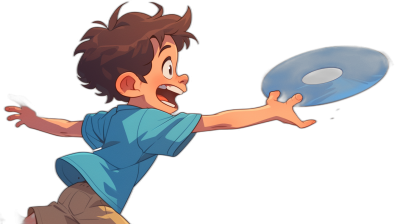 A boy with brown hair and a blue t-shirt is throwing a frisbee, smiling happily, from the side view, on a black background, in the cartoon style, in the style of Disney Pixar animation, with high resolution, 30k, with a cartoon character design, with a bold color scheme, with high contrast between characters and the environment, with exaggerated movements, as a full body portrait.