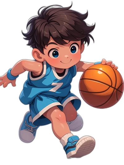 Cute cartoon character of an Asian boy playing basketball, wearing blue and white uniform with number "7", brown hair, black background, full body shot, vector illustration style, Disney Pixar animation, chibi art, high resolution, high detail, high quality, high definition, high dynamic range, high clarity, high contrast, high sharpness, high octane rendering, high saturation