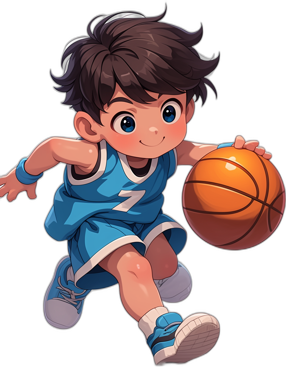 Cute cartoon character of an Asian boy playing basketball, wearing blue and white uniform with number “7”, brown hair, black background, full body shot, vector illustration style, Disney Pixar animation, chibi art, high resolution, high detail, high quality, high definition, high dynamic range, high clarity, high contrast, high sharpness, high octane rendering, high saturation