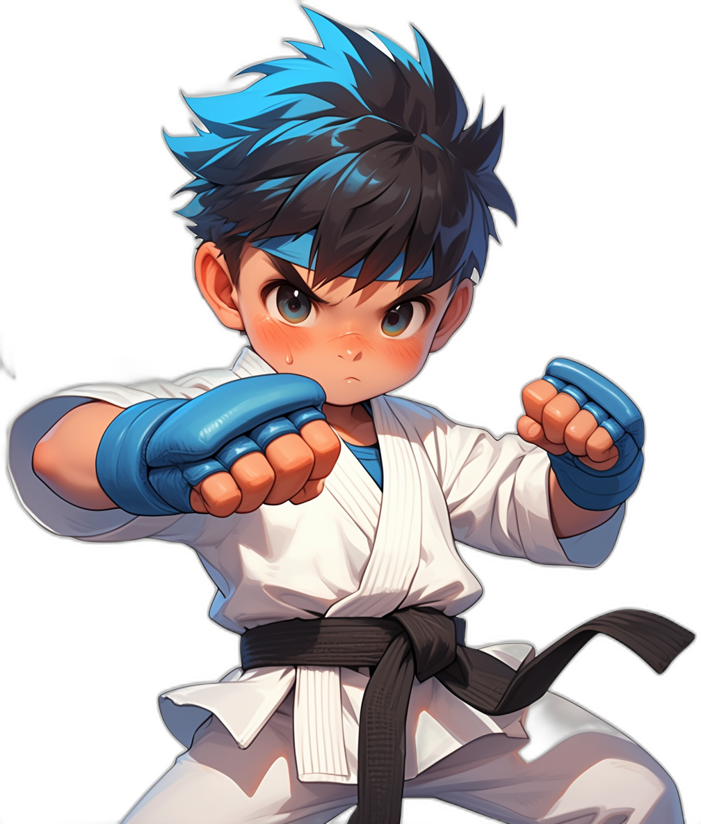 A young boy with blue hair in a white karate outfit and black belt is doing martial arts moves in the style of a cartoon for a mobile game. He is shown from the front with a simple background and black color palette with vibrant colors. The art is high resolution 2D style with an anime-inspired character design showing his full body in a wide angle shot. There is a high contrast between light and dark areas with a cute facial expression.