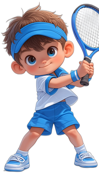 A cute boy playing tennis, wearing blue shorts and white shoes with a headband on his forehead, in the style of a Disney cartoon character, on a black background, holding a tennis racket in his hand, as a full body shot, with big eyes, a happy face, and a blue color scheme with high definition details.