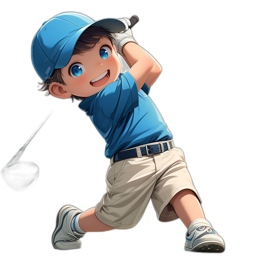 A young boy in a blue golf shirt, white shorts and cap is playing golf on a black background in the style of anime.