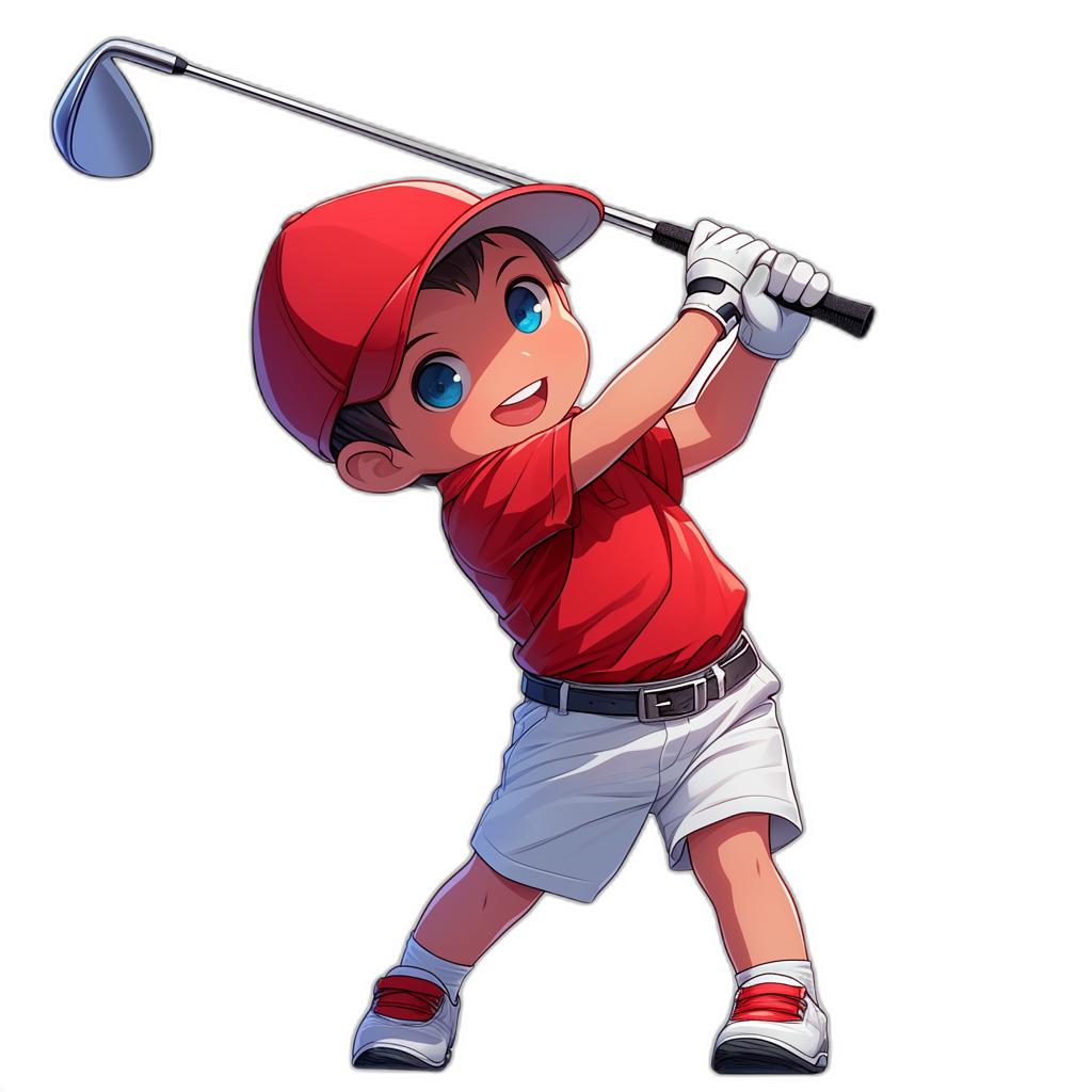 A young boy playing golf, wearing a red shirt and white shorts with a cap on his head, swinging the club in the style of an anime style cartoon drawing. Black background.