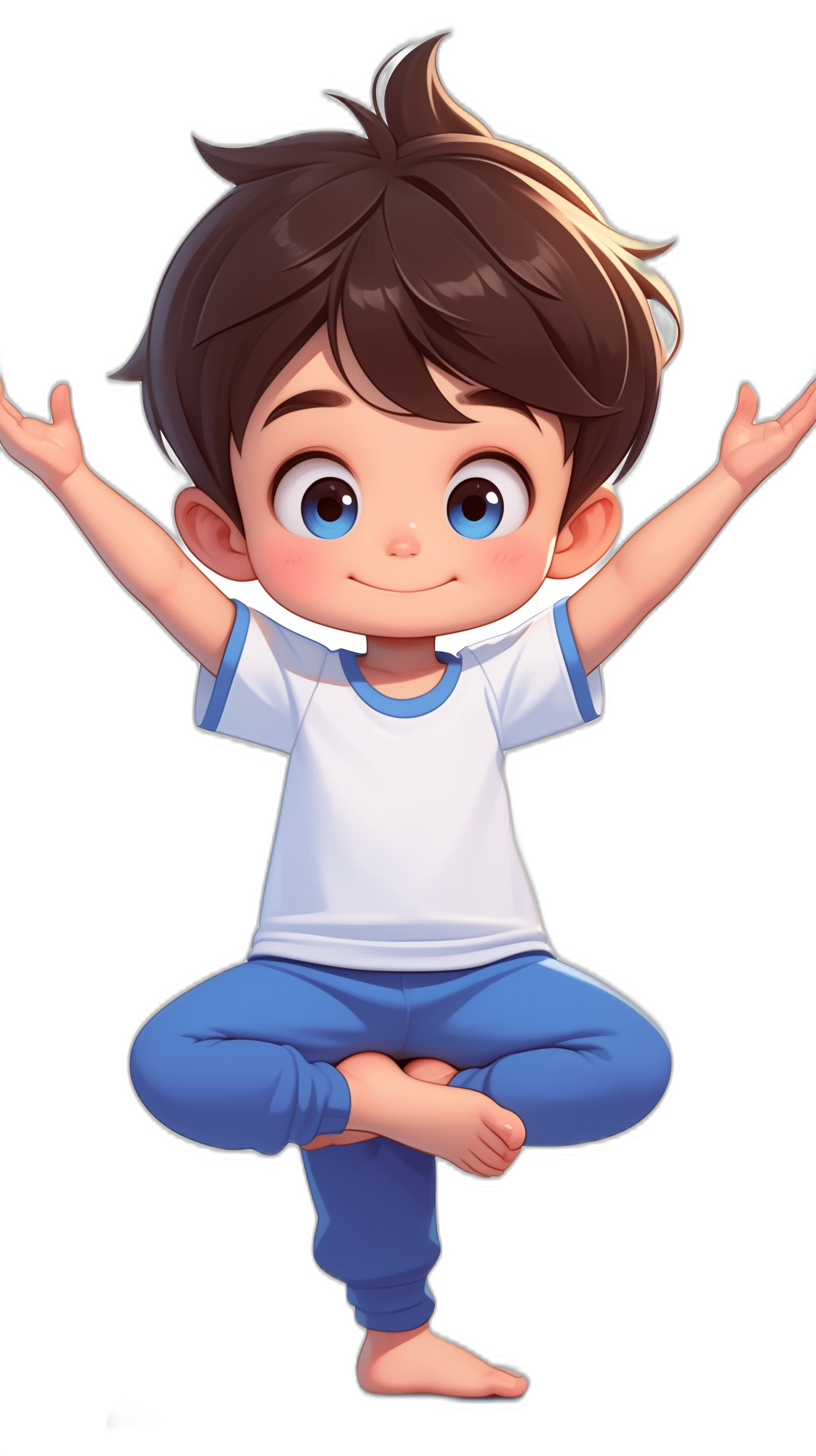 A cute little boy doing yoga, wearing blue pants and a white short-sleeved shirt against a black background. The artwork is in the style of a Disney cartoon with simple lines, big eyes, and a smiling expression. The pose depicts the boy with his hands up in the air. The image has high definition resolution and high quality details.