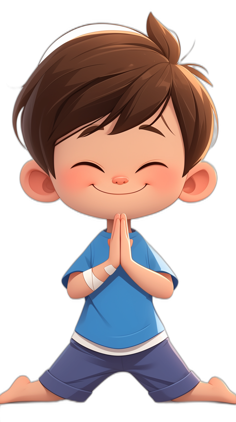 A cute little boy with brown hair, wearing blue short sleeves and a white shorts on the lower body, is doing yoga poses while smiling happily. He has his hands clasped together in prayer. The background should be pure black, in the style of cartoon characters.