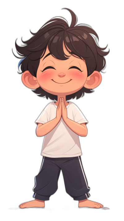 A cute little boy with black hair, wearing a white short-sleeved shirt and dark blue pants is smiling happily while doing yoga poses. He has his hands clasped together in prayer with the tops of his palms touching. The illustration style features bright colors against a pure black background in the style of a cartoon character. High definition resolution.