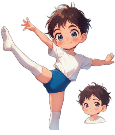 chibi style, cute boy with brown hair and white t-shirt doing a ballet pose in short blue shorts and long socks against a black background, character sheet