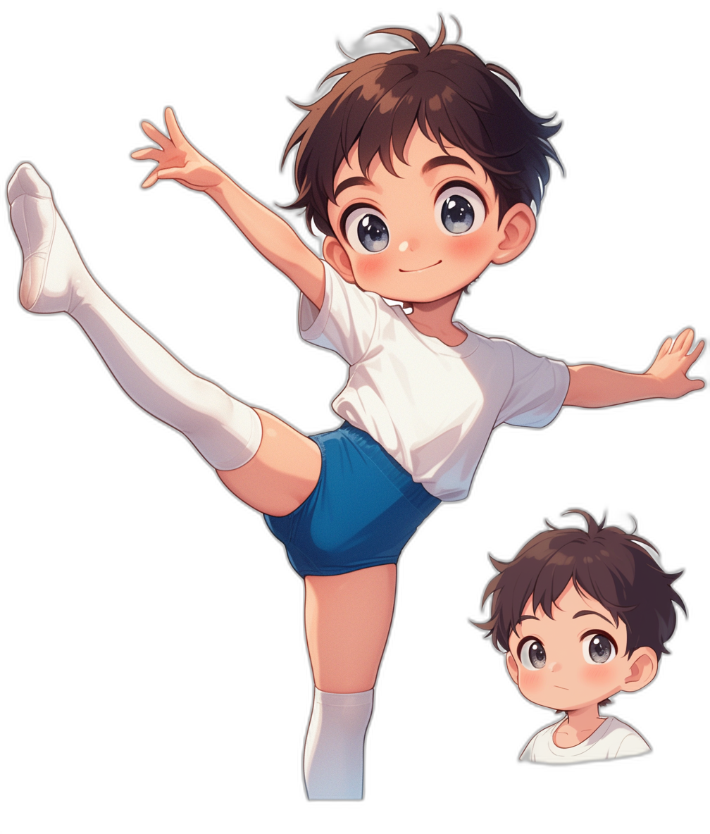 chibi style, cute boy with brown hair and white t-shirt doing a ballet pose in short blue shorts and long socks against a black background, character sheet