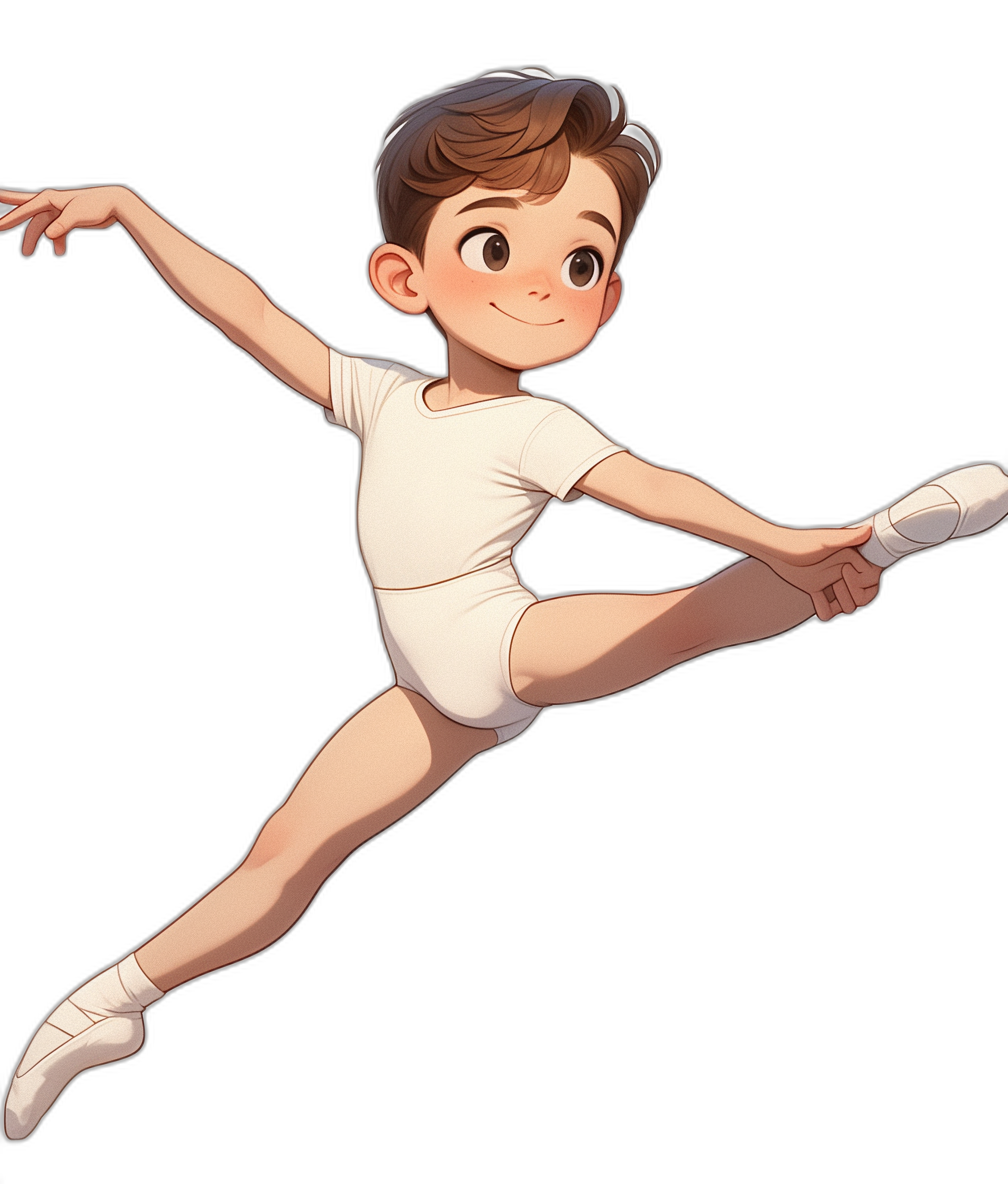 A cute little boy in white leotards and ballet shoes, with short brown hair and bangs, big eyes, smiling, jumping into an arabesque pose against a black background, in the style of Disney Pixar character art.