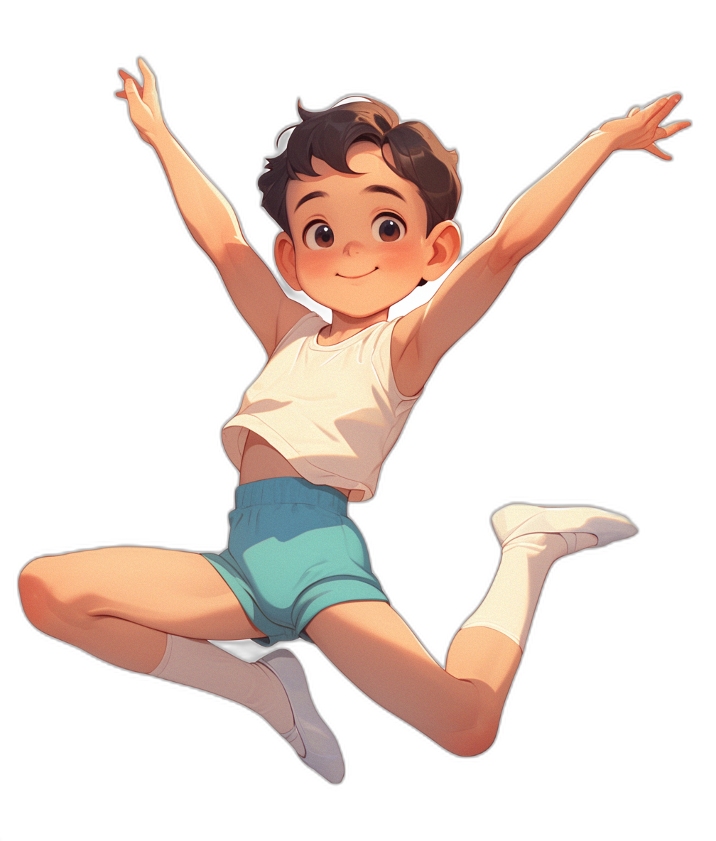 A boy in white short sleeves and blue shorts is jumping up, with his hands raised high above his head, smiling happily. He has brown hair, big eyes, and delicate facial features, wearing sports shoes on a black background. The character design is in the anime style. The style is similar to that of [Studio Ghibli](https://goo.gl/search?artist%20Studio%20Ghibli).