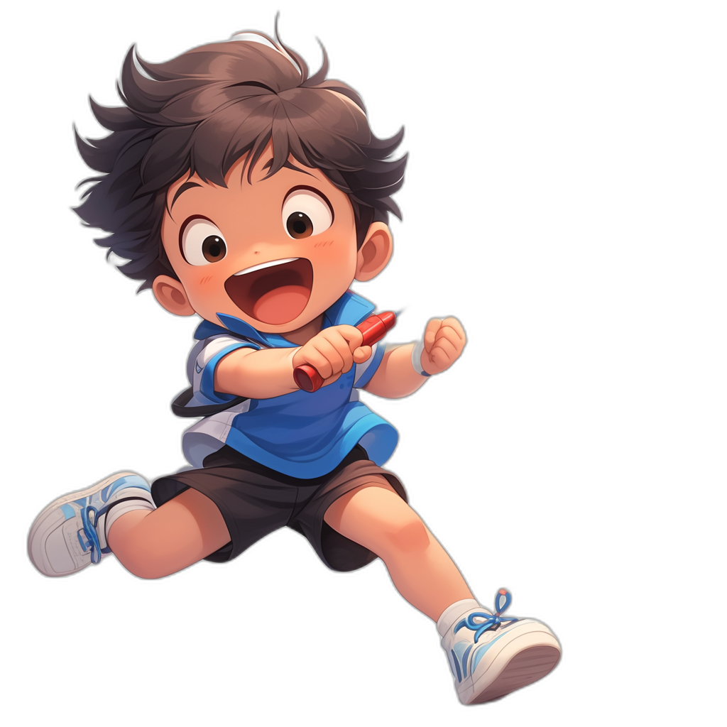 A cute little boy is running with his eyes wide open, smiling and holding an energy bar in one hand. He wears a blue T-shirt, black shorts, white sneakers on his feet, has dark hair, in the style of cartoon style, in the style of 2D game art, with influences from Japanese anime, against a black background.