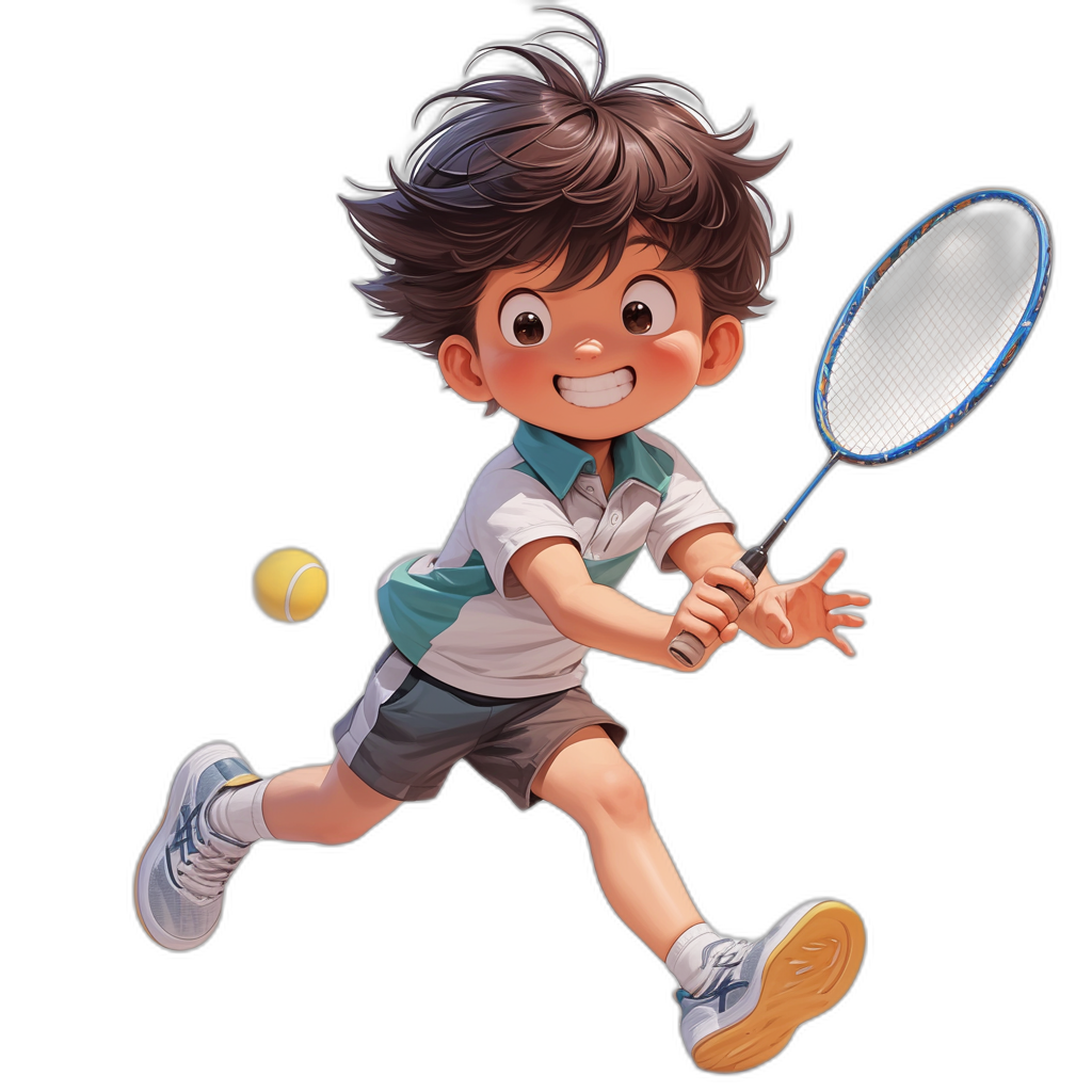 A cute boy playing badminton, a full body portrait in the style of manga cartoon character illustration with a black background. The little man has brown hair and is wearing white short sleeves and gray shorts, holding his racket ready to hit the ball. He smiles happily as he plays, showcasing impressive speed while skillfully moving across the court, with a focus on his face and in high resolution quality.