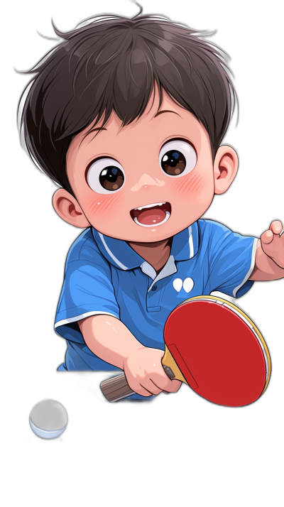 A cute cartoon boy playing table tennis, holding the racket in his hand and hitting it with the ball. He has big eyes, black hair, wearing blue short sleeves and a red round hairstyle, with a smiling expression. The illustration is in the style of a simple vector style with simple lines and a pure background, featuring high definition details and high resolution. The boy is depicted against a black solid color background.