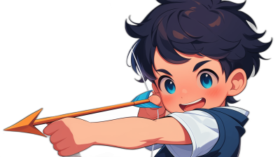 A cute boy with black hair, blue eyes and white teeth is smiling while shooting an arrow in the style of Genshin Impact. Black background. The little man has short dark navy blue hair and wears a vest over his shirt. He's holding up one hand to block some sunlight from falling on him as he fires off another shot at us. In an anime cartoon style. It should be like the game 'G mixed with the art styles of 'RuneS' and 'Chachimian swinging'.