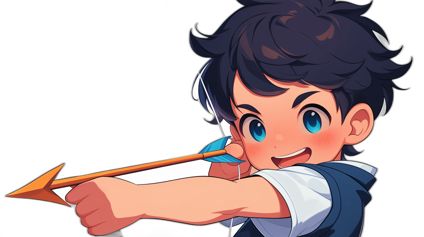 A cute boy with black hair, blue eyes and white teeth is smiling while shooting an arrow in the style of Genshin Impact. Black background. The little man has short dark navy blue hair and wears a vest over his shirt. He’s holding up one hand to block some sunlight from falling on him as he fires off another shot at us. In an anime cartoon style. It should be like the game ‘G mixed with the art styles of ‘RuneS’ and ‘Chachimian swinging’.