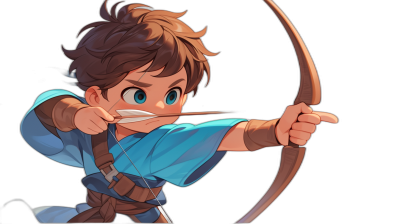 A young boy with brown hair and blue eyes, wearing light colored  in the style of an anime character is shooting arrows from his bow. He has bright eyes and a smiling expression on a black background. The artwork uses bold colors to highlight details like the texture of the arrows and string of the bow. This scene captures the essence of archery and fantasy adventure, making it suitable for game design or graphic illustration. in the style of [Atey Ghailan](https://goo.gl/search?artist%20Atey%20Ghailan)