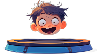 A cartoon boy's head is floating above the trampoline, with an excited expression on his face. The background of the illustration should be black to highlight the character and their surroundings. This design will focus more on playful animation and humor, using flat colors for each element in the scene.