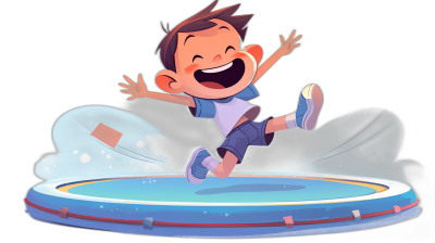 A cartoon boy is jumping on the trampoline, laughing happily, with a black background and in the style of a game character illustration. The entire scene gives people an immersive feeling of being inside it, and the characters in front look like they can jump out at any time. This style looks very lively and interesting, with high resolution, high detail, and high quality details.