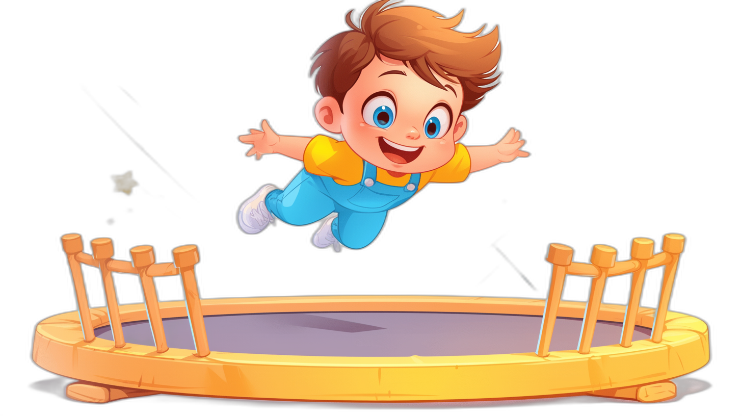 cartoon style, happy boy jumping on a trampoline, black background, game art for children’s educational mobile application in the style of bright colors, high resolution, high quality