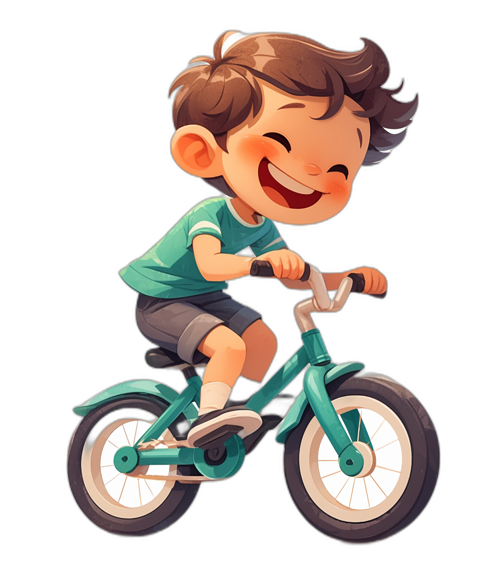 A cute little boy is riding his bike, laughing happily in a cartoon style flat illustration against a black background, wearing turquoise  and shorts in bright colors with high-end quality and high-definition details in a cartoon style in the style of [Artgerm](https://goo.gl/search?artist%20Artgerm) with colorful costumes in the style of manticore and [Dmitry Kustanovich](https://goo.gl/search?artist%20Dmitry%20Kustanovich) featuring dark white and light cyan colors with bold brush strokes in a flat illustration style.