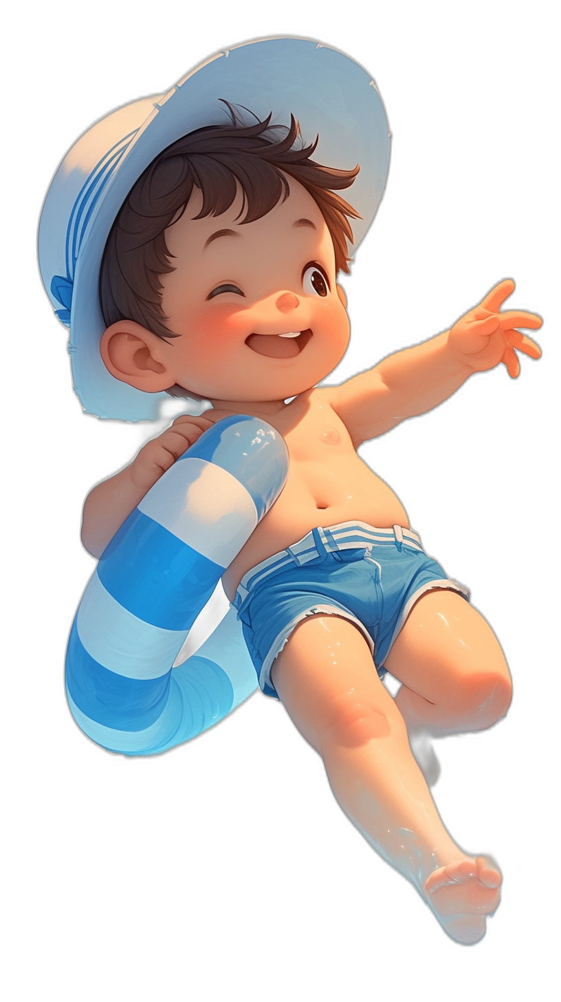 Cute baby boy in a blue and white striped swimming ring, wearing a hat, smiling happily in a flying pose against a black background in the style of anime, high resolution.