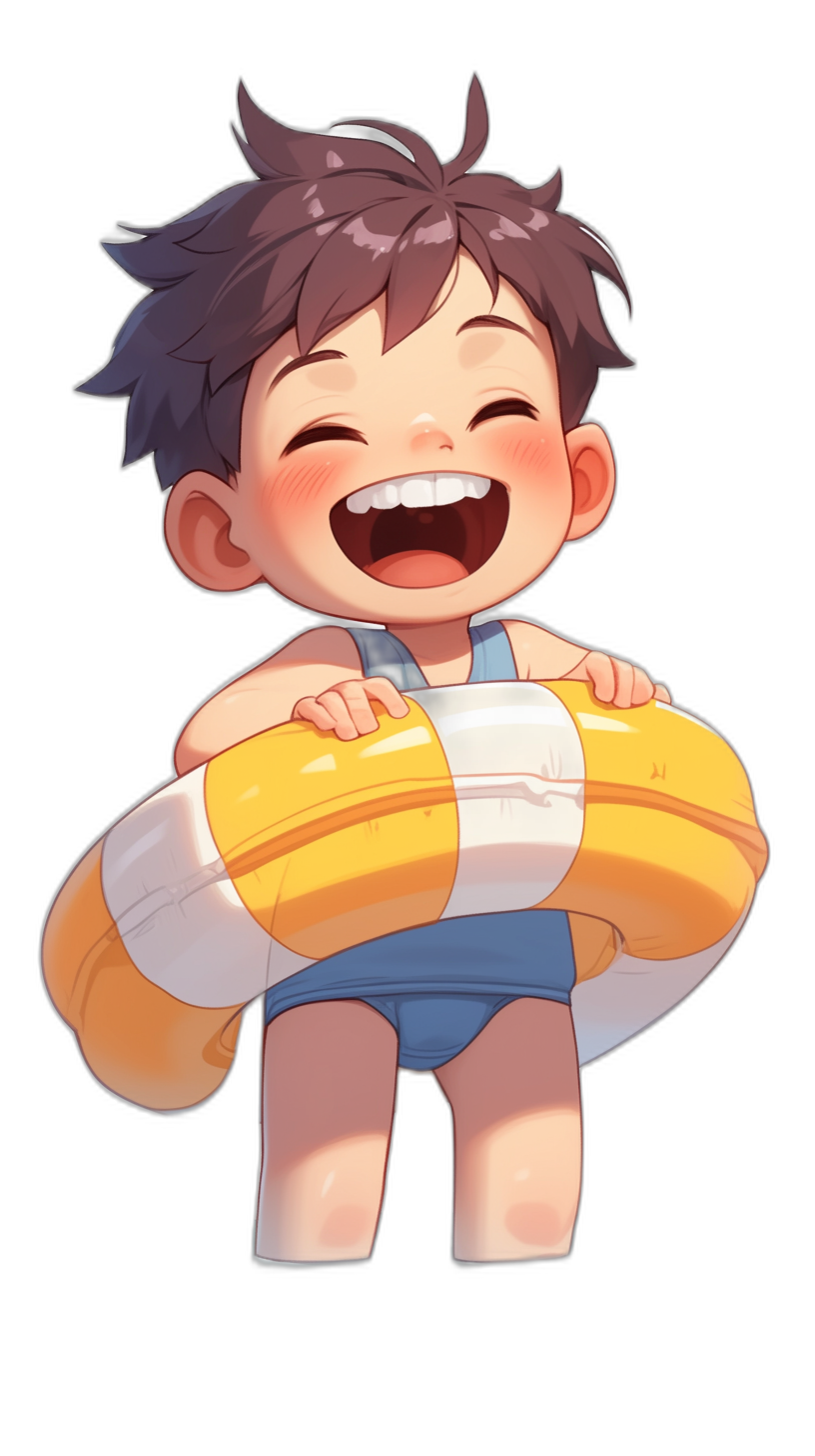 A cute happy little boy with a swimming ring is laughing in the style of [Artgerm](https://goo.gl/search?artist%20Artgerm) against a plain black background. It is a full body portrait in chibi style with a simple design and high contrast colors. The digital art has detailed textures in the form of an illustration with bright and vibrant colors, clear lines, and sharp details.