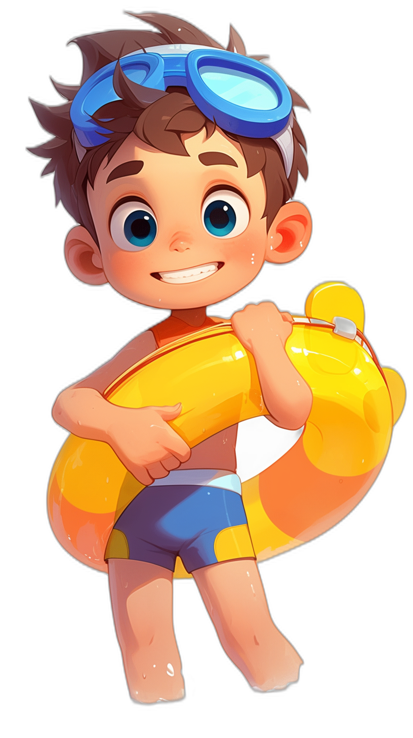 A cute little boy wearing blue swimming trunks, a yellow swim ring and goggles is holding an inflatable toy in his hand. He has big eyes with dark brown hair. The illustration is in the Pixar style, with a black background, cartoon character design, 2D game art style, simple details, bright colors, and flat color blocks. It is a full body portrait with high resolution.