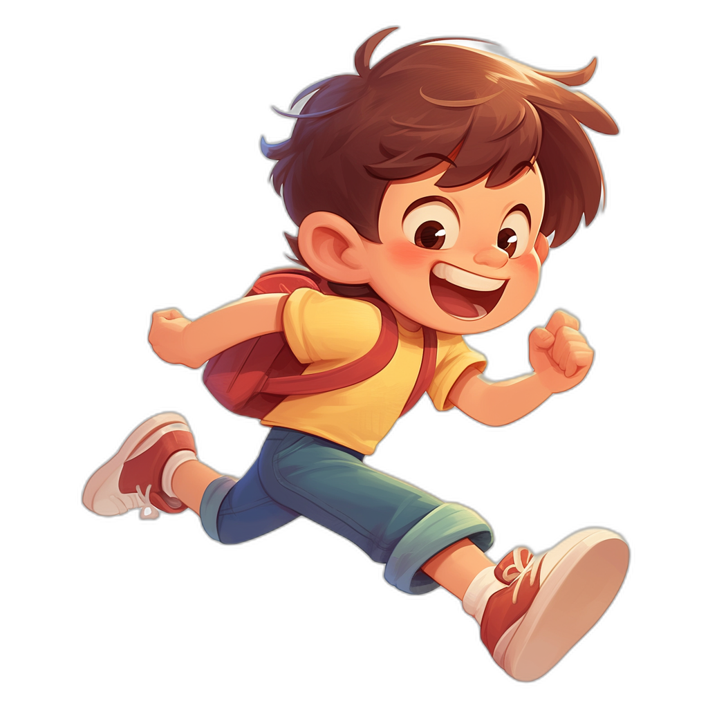 A cute cartoon boy is running happily, wearing short sleeves and shorts on his body with brown hair and a smiling face. He is carrying a schoolbag in his hand, full of energy and jumping up high in an angled view with side lighting against a pure black background. The illustration style is colorful with simple strokes, flat color blocks and bright colors in a high definition resolution, resembling the cartoon character design style.