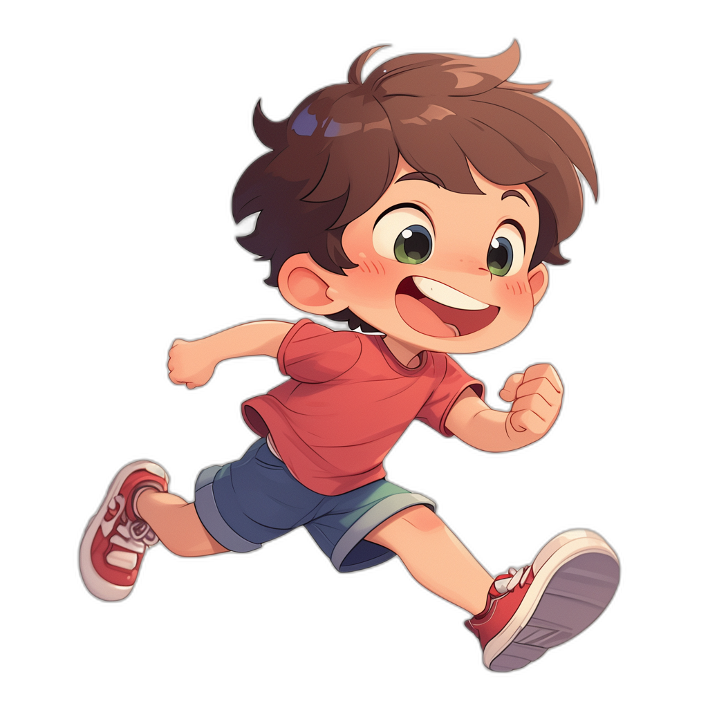 A cute cartoon boy is running, smiling happily with big eyes and dark brown hair in the style of chibi characters, wearing a red short-sleeved shirt and blue shorts with white sneakers on a black background. The image is colorful, high resolution, and highly detailed.