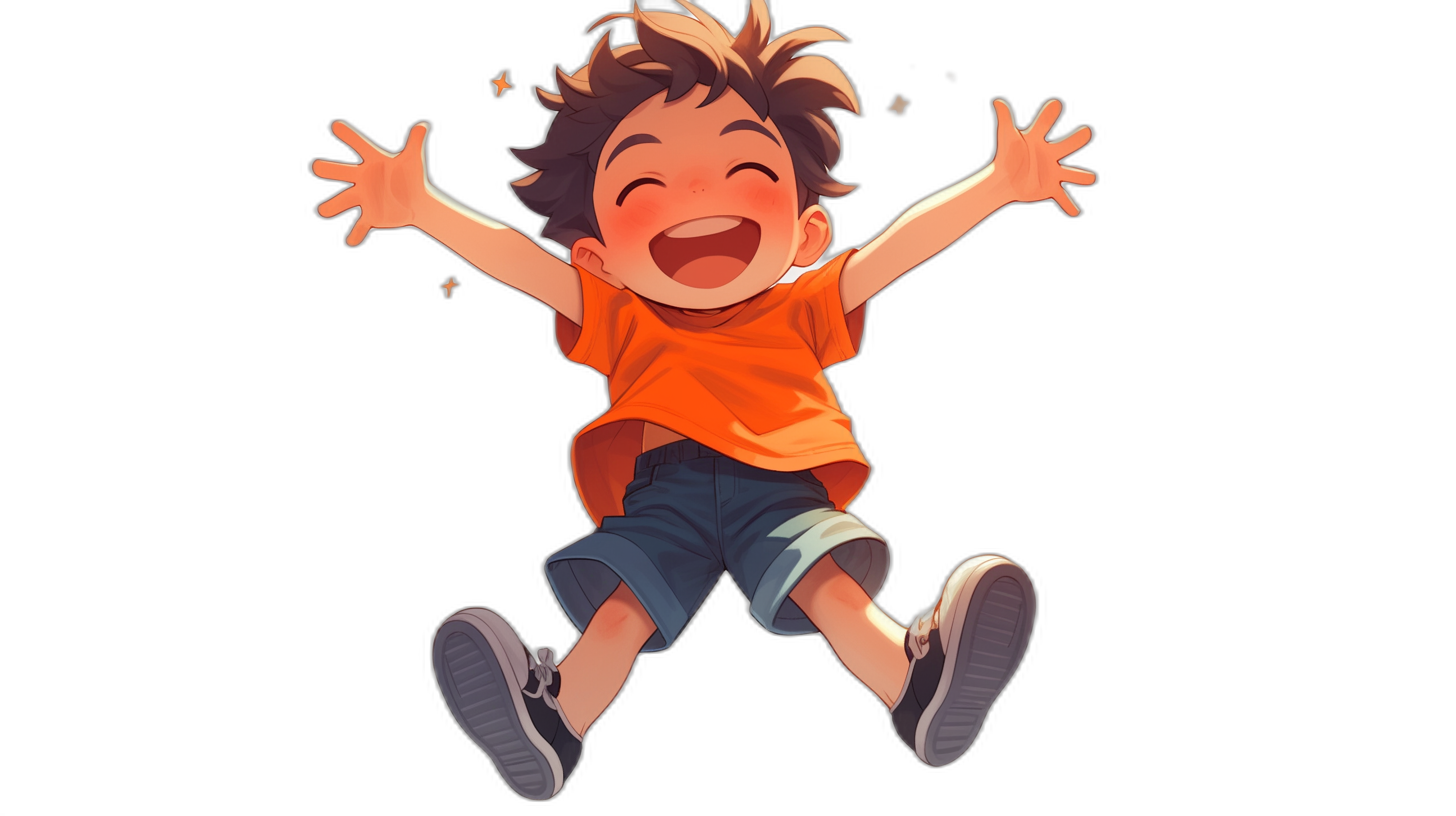 A cute little boy is jumping up and laughing, with his hands raised in the air. He wears an orange T-shirt, blue shorts, and black shoes on his feet against a simple background. The illustration is in a simple, anime cartoon style in the high quality, high resolution style of Pixar animation.