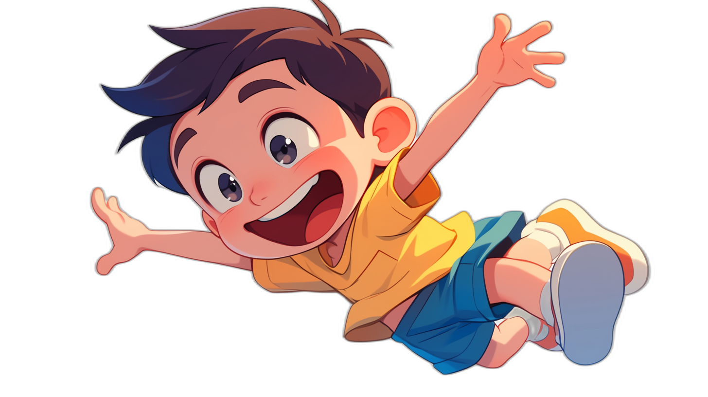 A cute little boy with a happy expression flying in the air with his hands outstretched to hug you, wearing blue shorts and a yellow t-shirt on a black background in the style of cartoon and 2D game art with a simple design at a high resolution in the style of Disney Pixar animation. A cute cartoon character with a colorful color scheme and high detail at high quality as a full body portrait.