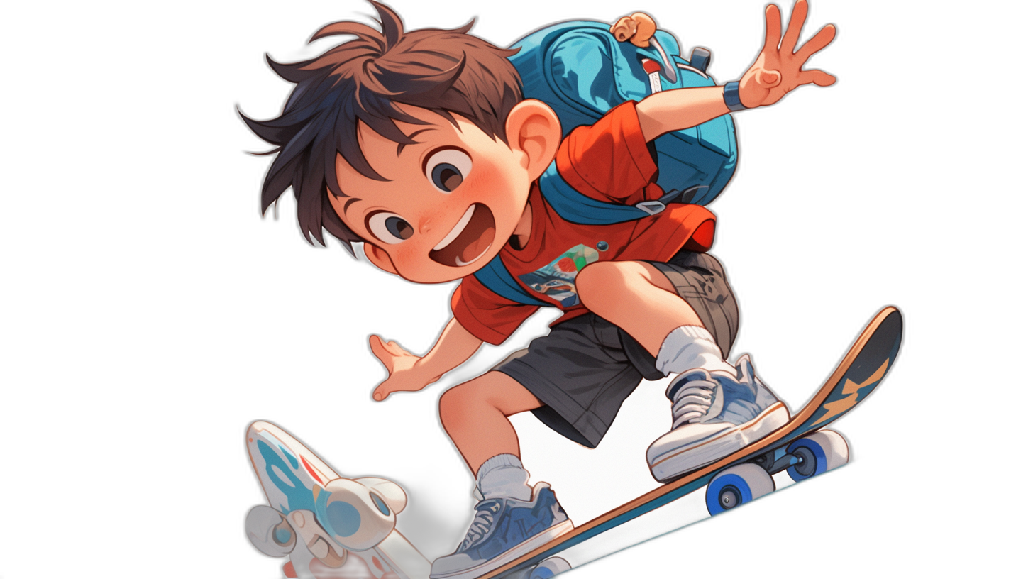 A boy is skateboarding, a happy expression on his face, wearing blue and white shoes with gray soles. He has brown hair, an orange shirt, black shorts, short sleeves, and a red backpack with a blue top logo. Black background, in the style of cartoon, in the style of anime, in the style of 2D game art. High resolution.