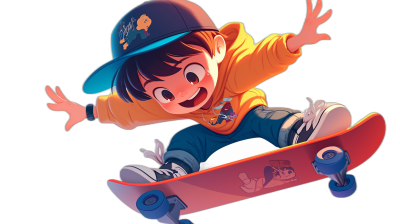 A cartoon boy wearing a cap and hoodie is skateboarding with lively movements and exaggerated expressions. He is wearing colorful  and holding a skateboard with a logo on it against a black background. The scene has a high angle perspective with a close-up shot of the character's face in bright colors in a 2D flat style at a 45 degree side view. The focus is on the lens in the style of Pixar and Disney.