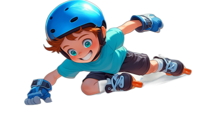 A cartoon boy wearing a blue helmet and roller skates is flying in the air on his skateboard against an isolated black background. He has brown hair with bright green eyes. The character should have a short-sleeved t-shirt, dark shorts and gloves, in the style of Pixar. Cartoon character concept art for a video game.