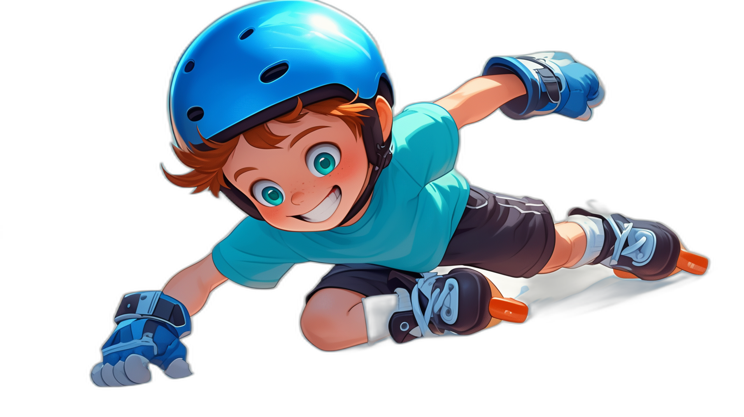 A cartoon boy wearing a blue helmet and roller skates is flying in the air on his skateboard against an isolated black background. He has brown hair with bright green eyes. The character should have a short-sleeved t-shirt, dark shorts and gloves, in the style of Pixar. Cartoon character concept art for a video game.