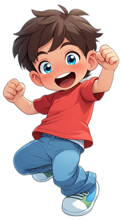 A cute cartoon boy with brown hair, blue eyes and red t-shirt is jumping up in the air on black background. He has bright white sneakers and smiling face. The character's expression should convey happiness and excitement., anime style