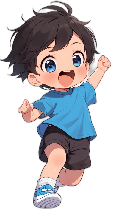 A cute baby boy with black hair, blue eyes, and a short-sleeved T-shirt is jumping up happily in the air in the style of anime, with a black background. It is a cute, simple drawing in a chibi style with a high resolution. The baby boy has a cute expression and a happy smile, wearing sports shoes and black shorts.