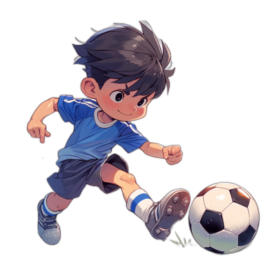 A cute anime boy in a blue t-shirt and dark grey shorts, kicking a soccer ball on a black background, in a simple flat illustration style, with a chibi character, in a 2D game art style, in the style of Nintendo's artstyle, with high contrast shading, a white outline sticker for a casual mobile RPG game, with big eyes, wearing silver shoes, as a cartoon footballer character, with short hair, a blue shirt, and dark brown skin color.