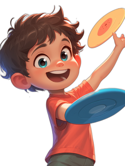 A cute boy with brown hair and blue eyes is smiling while playing frisbee in the style of cartoon, in the style of Disney Pixar animation, colorful , black background, bright colors, high resolution, portrait view