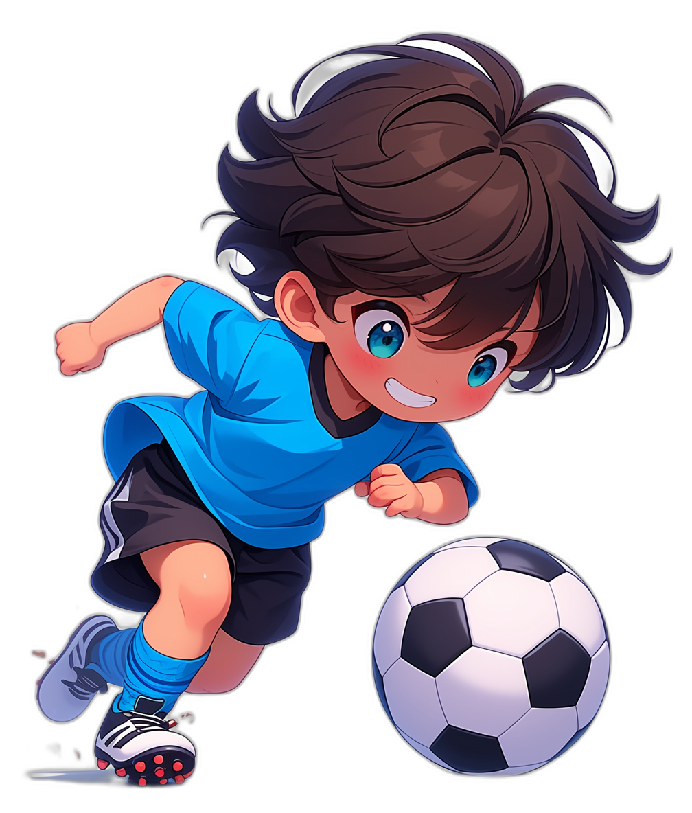 A cute little boy with black hair and blue eyes playing soccer, wearing dark shorts and a light-blue t-shirt. A vector illustration in the style of anime on a pure solid black background, a full body shot, with a chibi character design, high resolution, very detailed, high contrast, sharp focus, with studio lighting.