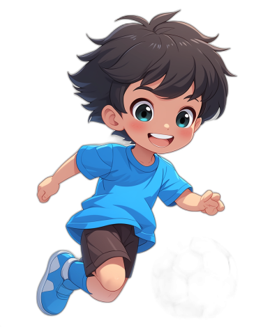 A cute little boy with black hair, blue eyes and dark brown skin running happily in the air wearing a light blue t-shirt, short pants and white sneakers. The background is pure black, in the style of anime. It is an illustration of a chibi character.