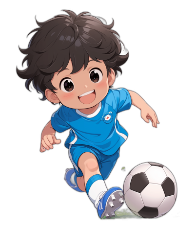 Cute chibi cartoon character of a boy with dark hair in a blue soccer uniform, kicking the ball towards you on a black background in the style of oshare kei. The meticulous design features charming anime characters playing football. The little prince is wearing white shoes and smiling, with big eyes, curly short brown hair, and colorful costumes. It's a very happy 2D game art style illustration.