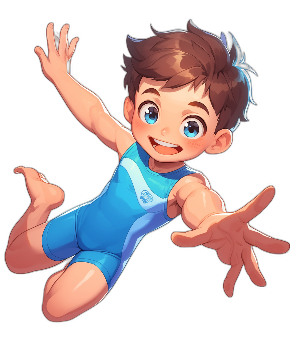 A cute little boy with brown hair and blue eyes, wearing an olympic gymnastics outfit of light blue color is smiling while doing a backflip on a black background in the style of cartoon.