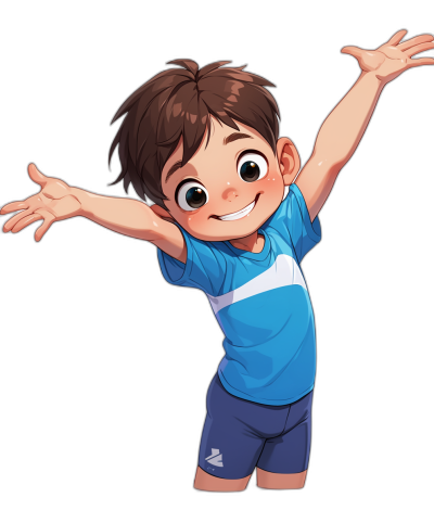 A cute little boy with brown hair, wearing blue and white  and shorts, is smiling happily while raising his hands up in the air to cheer for you. He has an illustration in the style of anime on a black background. The character design should have clear details such as eyes, nose, mouth, ears, fingers, etc., and wear sports  with a jersey.