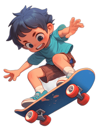 A cute cartoon boy is skateboarding, wearing blue short sleeves and brown shorts with red shoes on his feet. He has black hair, big eyes, smiling expressions, exaggerated movements, full body illustrations, high-definition details, pure black background, 2D game art style, graffiti character design, Japanese anime style characters, and a sense of power. The style is reminiscent of graffiti.