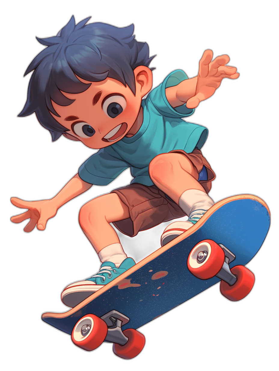 A cute cartoon boy is skateboarding, wearing blue short sleeves and brown shorts with red shoes on his feet. He has black hair, big eyes, smiling expressions, exaggerated movements, full body illustrations, high-definition details, pure black background, 2D game art style, graffiti character design, Japanese anime style characters, and a sense of power. The style is reminiscent of graffiti.